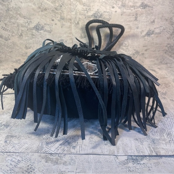 Anthropologie IbBAN LTR Emb. Beaded Fringe Black Linen Bohemian Bag - Picture 8 of 14
